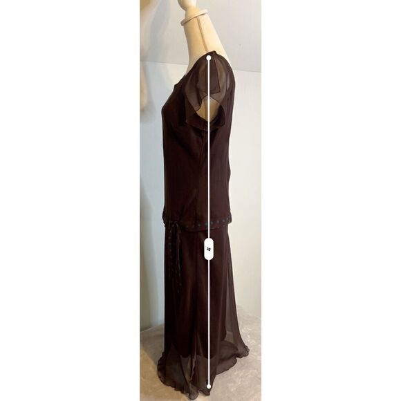 Y2K Brown & Teal Drop Waist Maxi-Midi Chiffon Dress 12 - Picture 7 of 10